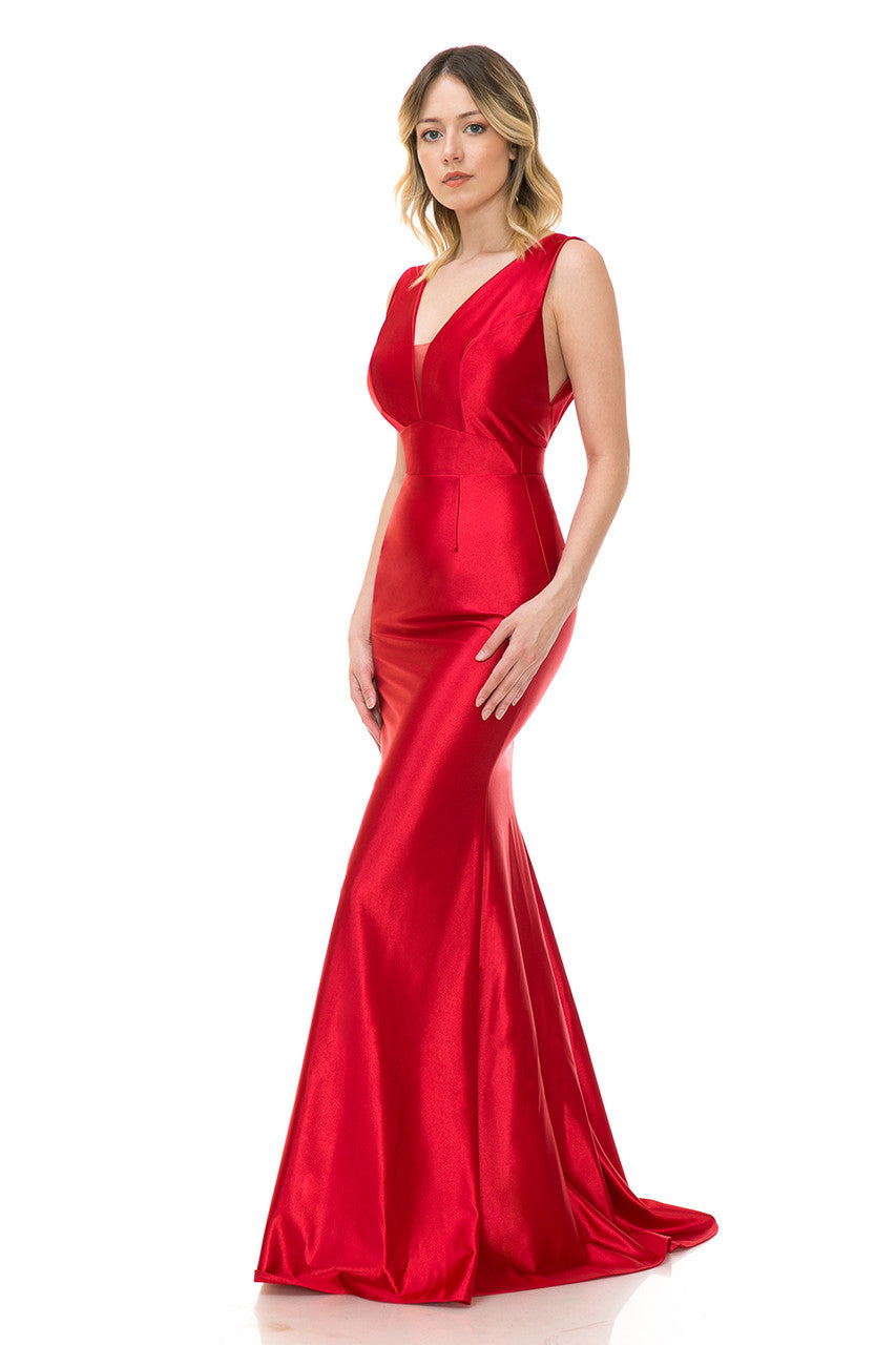 Satin Fitted Illusion V-Neck Gown by Lenovia 5248