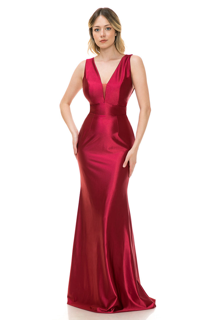 Satin Fitted Illusion V-Neck Gown by Lenovia 5248
