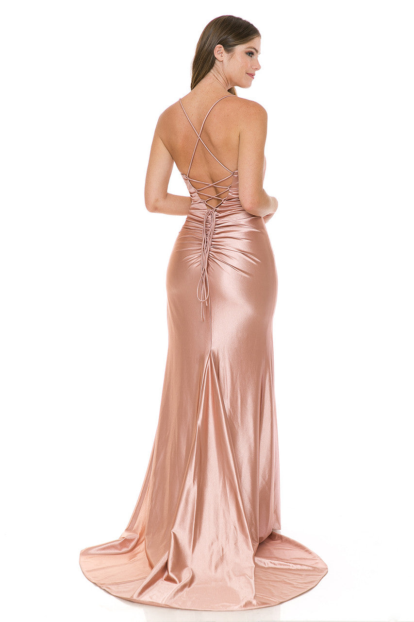 Satin Fitted Sleeveless Slit Gown by Lenovia 8158