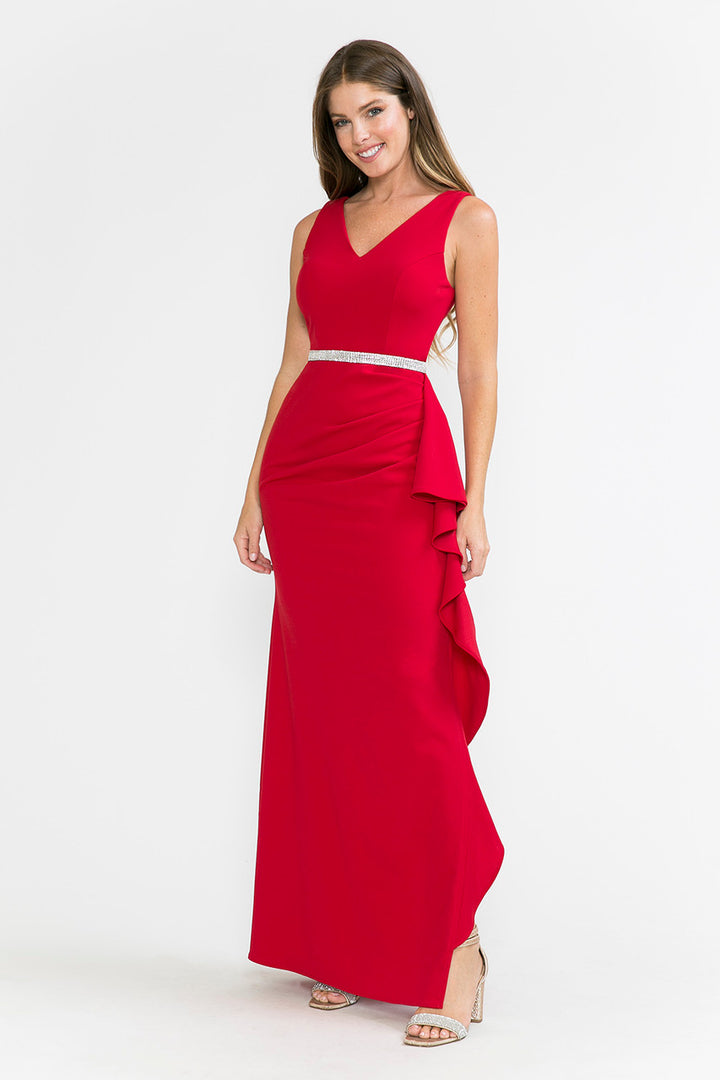 Crepe Fitted V-Neck Slit Gown by Lenovia 5287