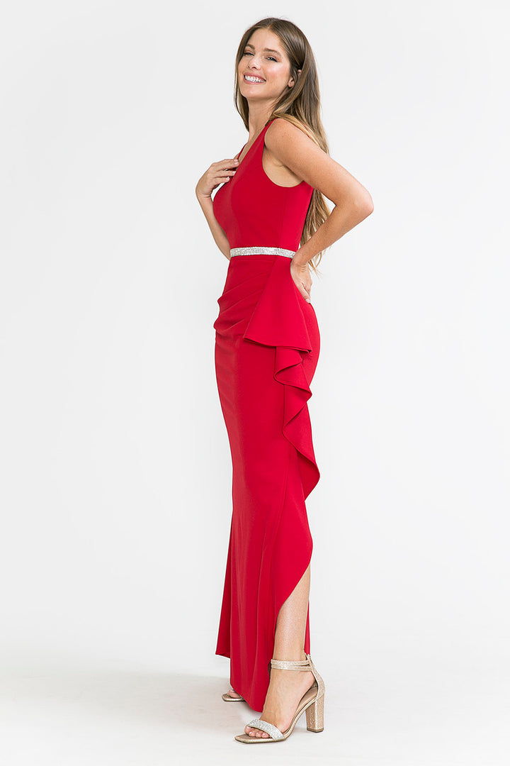 Crepe Fitted V-Neck Slit Gown by Lenovia 5287