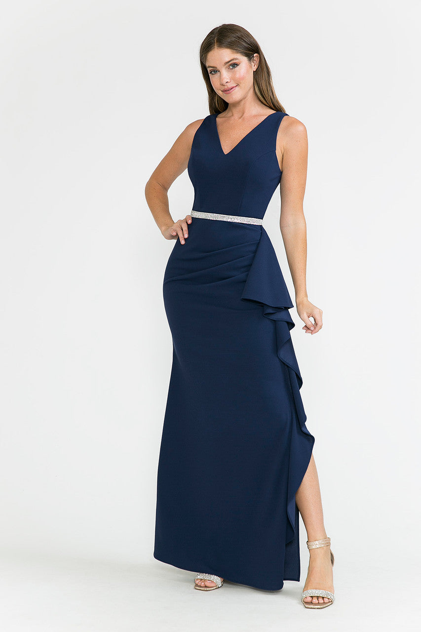 Crepe Fitted V-Neck Slit Gown by Lenovia 5287