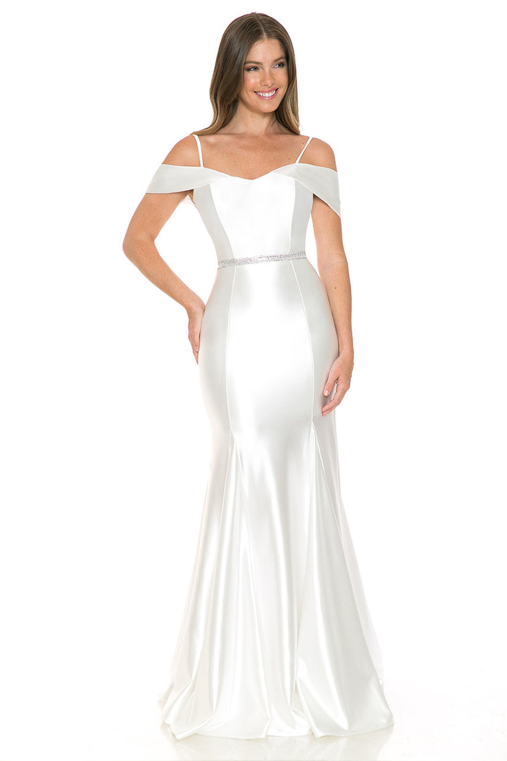 Satin Fitted Cold Shoulder Gown by Lenovia 5244