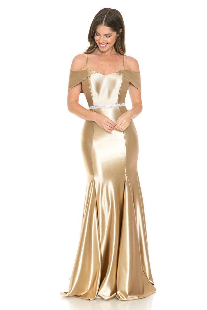 Satin Fitted Cold Shoulder Gown by Lenovia 5244