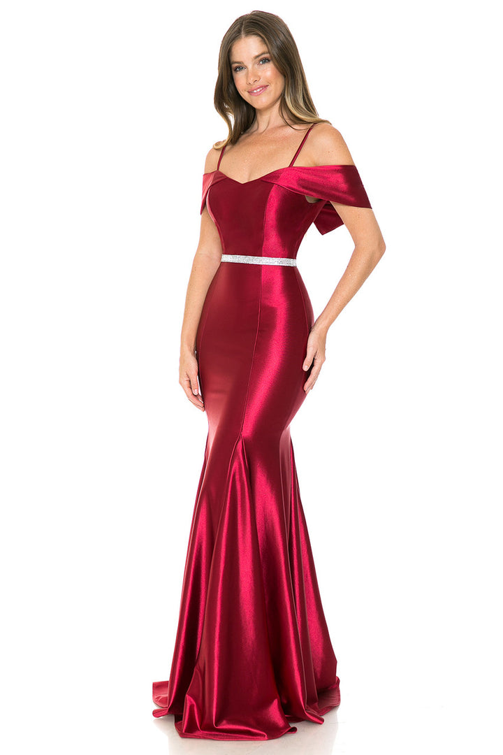 Satin Fitted Cold Shoulder Gown by Lenovia 5244