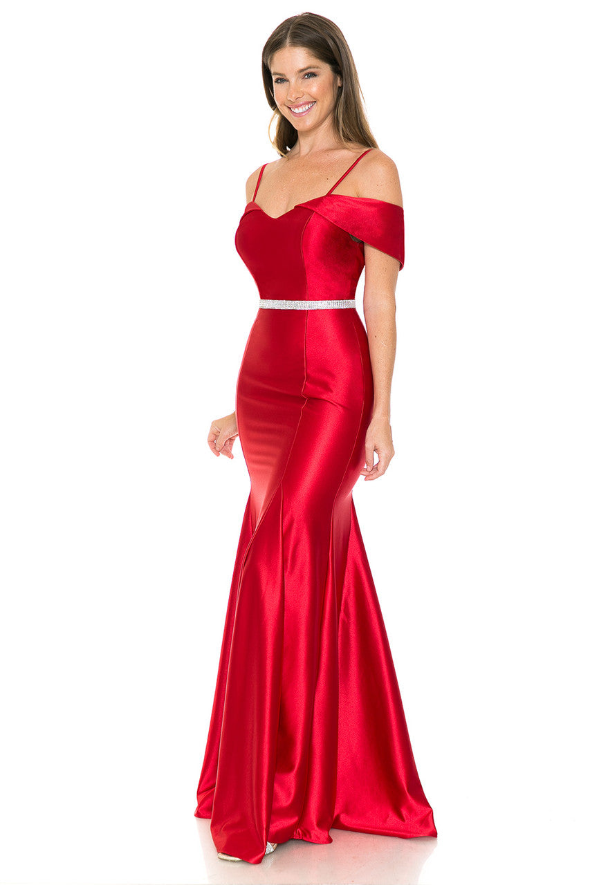 Satin Fitted Cold Shoulder Gown by Lenovia 5244
