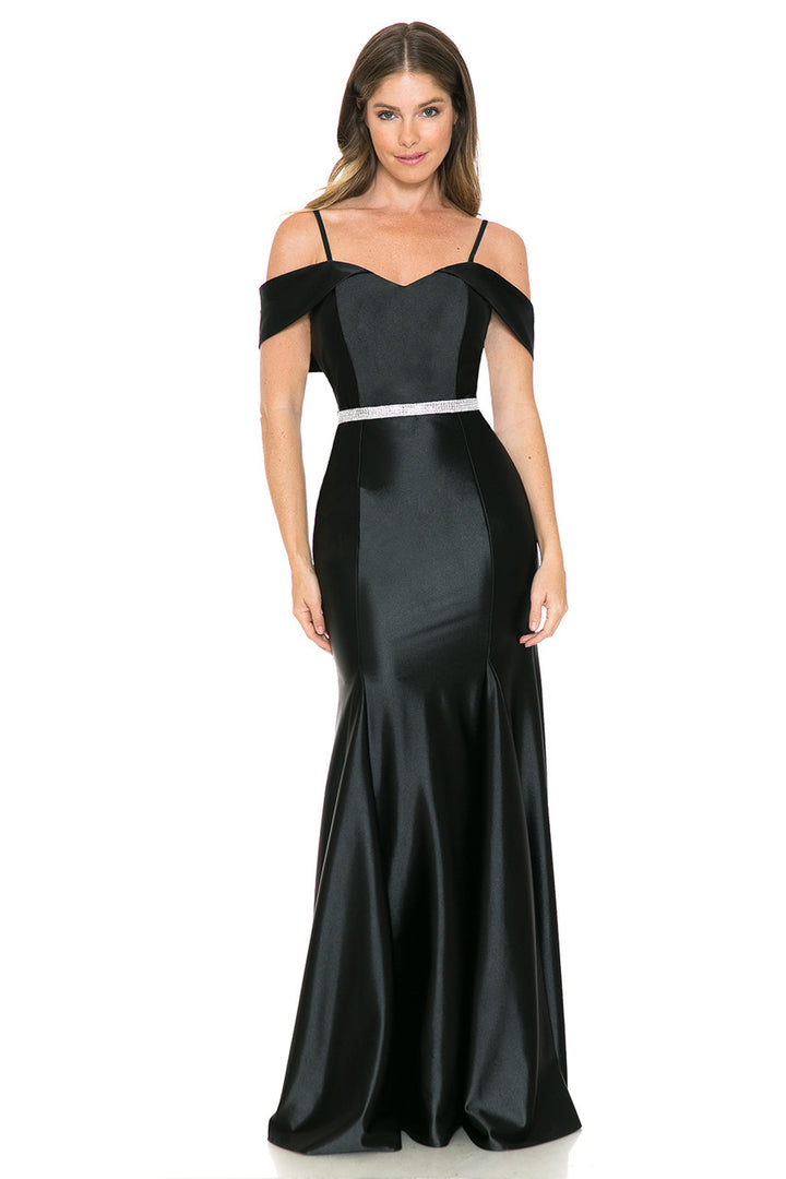 Satin Fitted Cold Shoulder Gown by Lenovia 5244