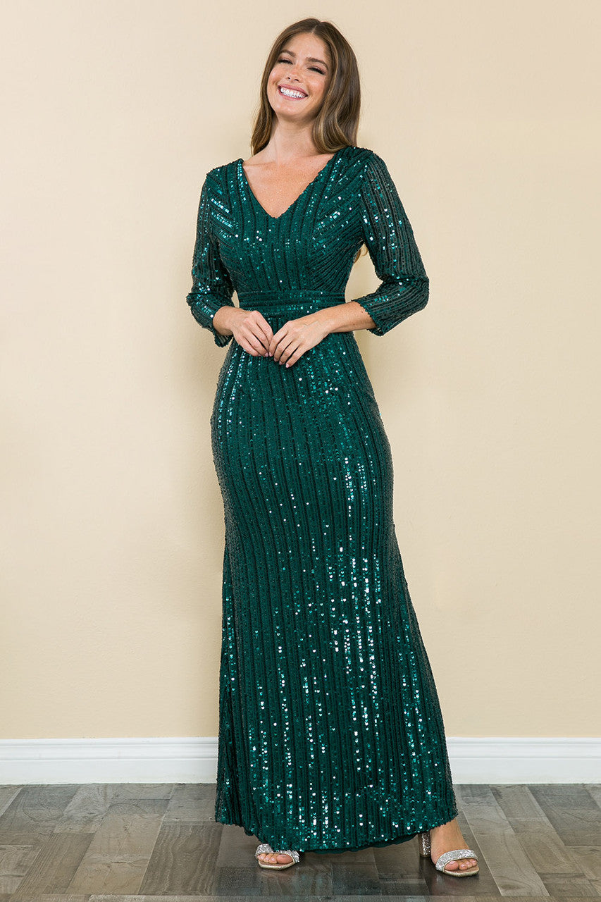 Sequin Fitted 3/4 Sleeve Gown by Lenovia 5247