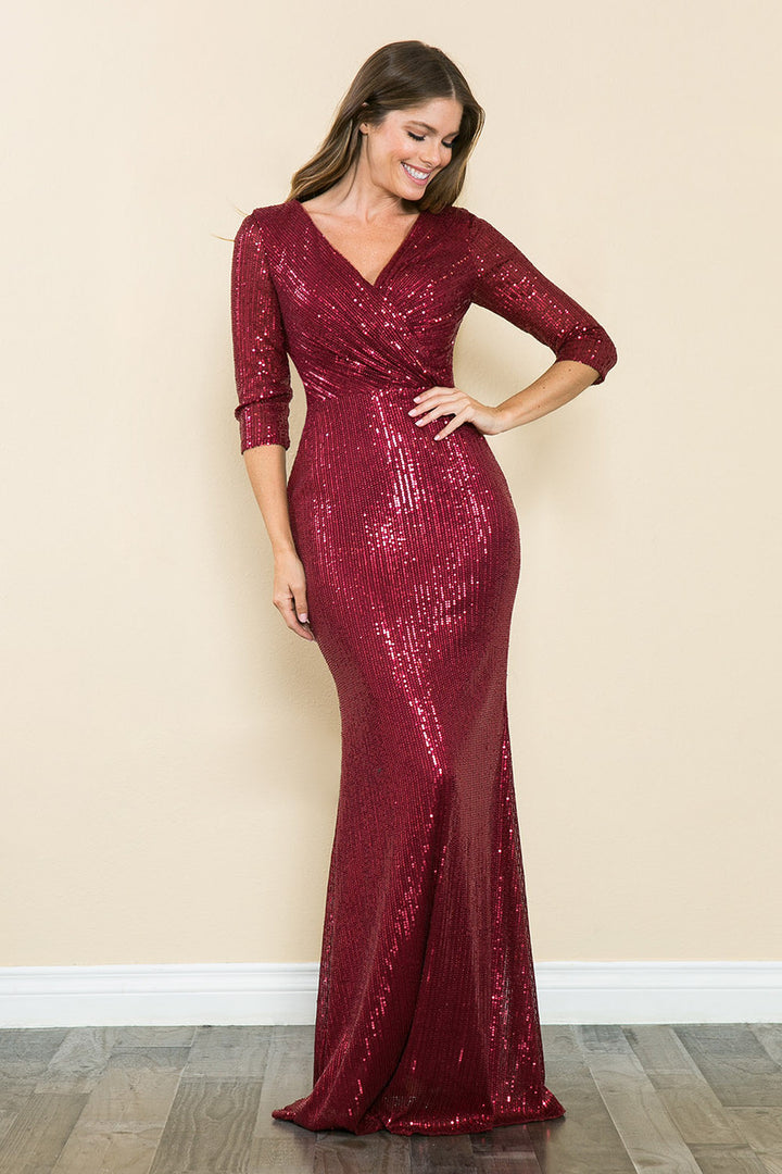 Sequin Fitted 3/4 Sleeve Gown by Lenovia 8186