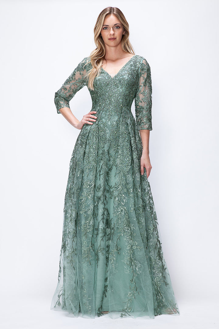Embroidered 3/4 Sleeve A-line Gown by Lenovia 8356 - Outlet