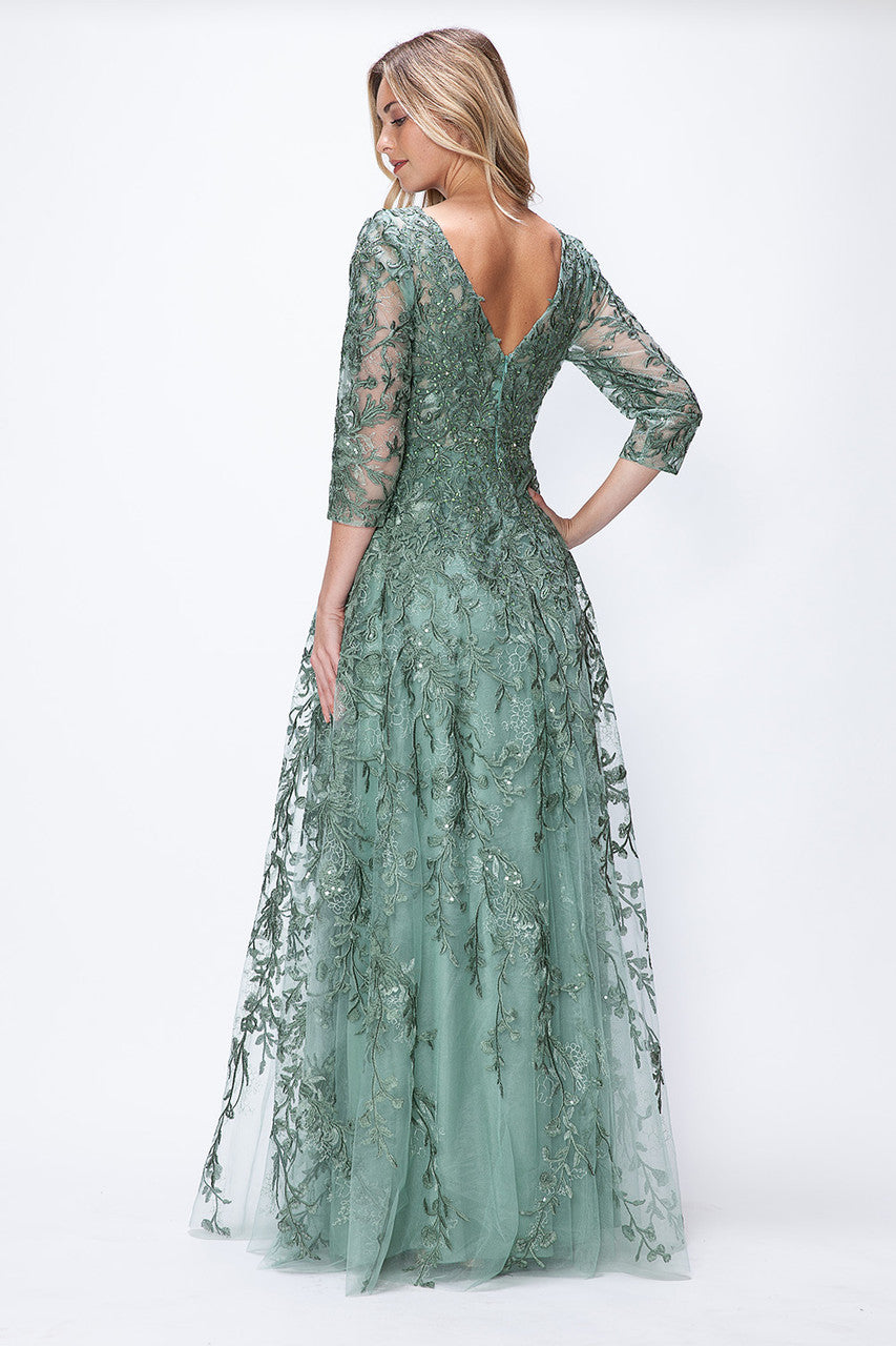 Embroidered 3/4 Sleeve A-line Gown by Lenovia 8356 - Outlet Embroidered 3/4 Sleeve A-line Gown by Lenovia 8356 - Outlet