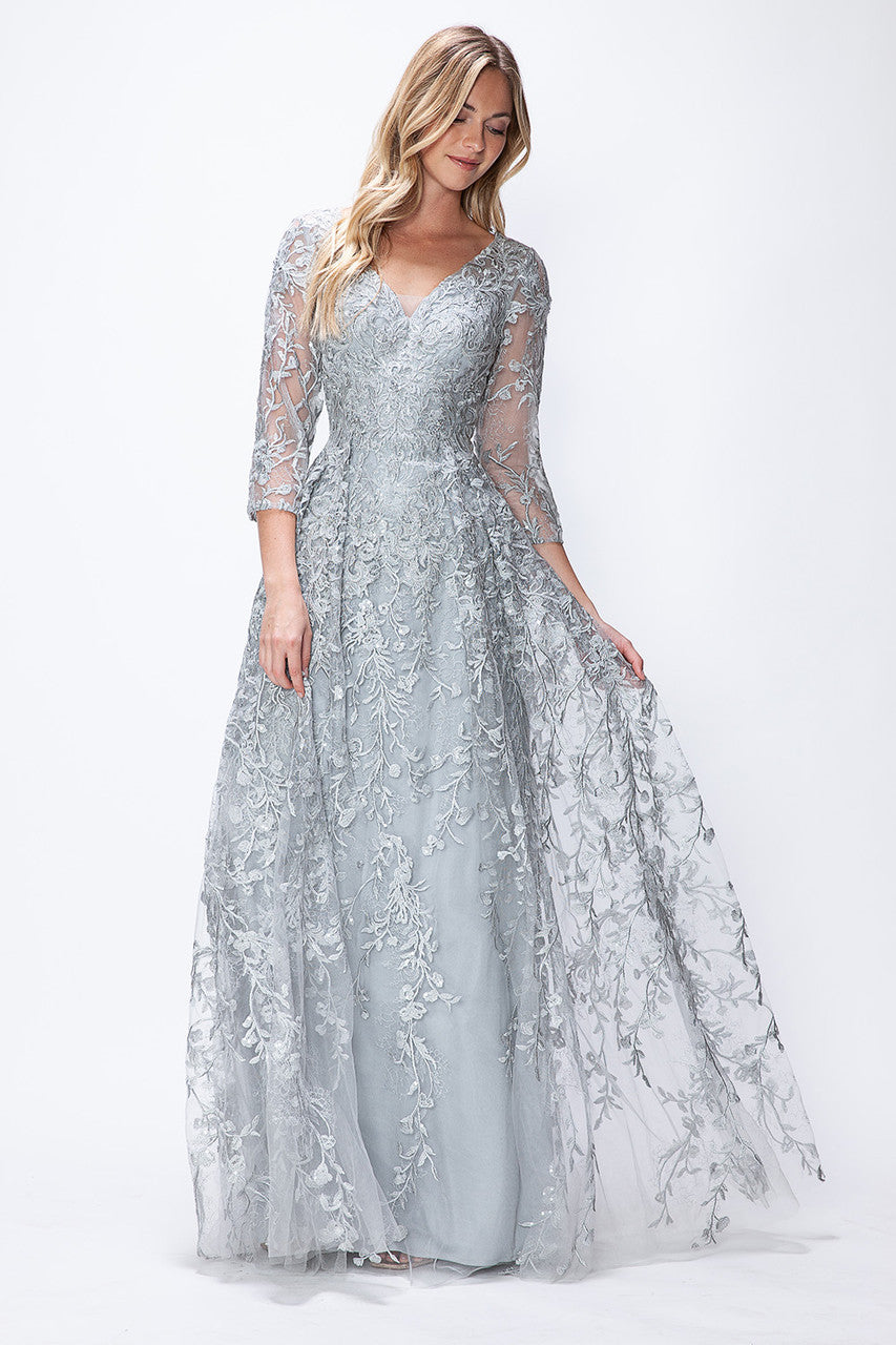 Embroidered 3/4 Sleeve A-line Gown by Lenovia 8356