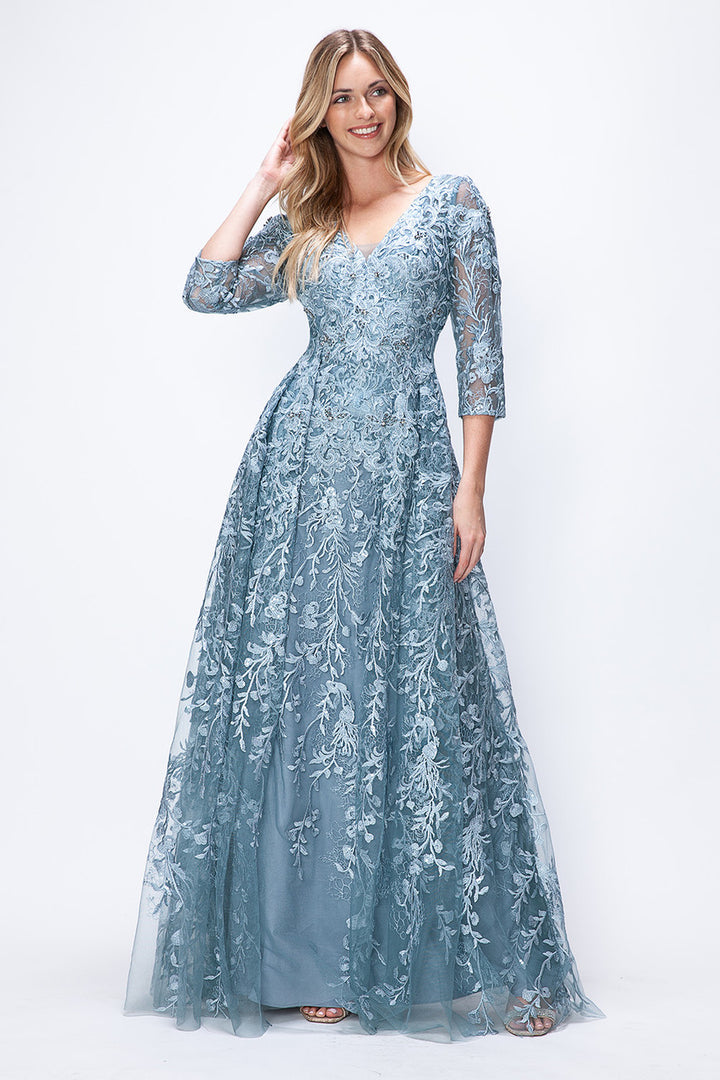 Embroidered 3/4 Sleeve A-line Gown by Lenovia 8356