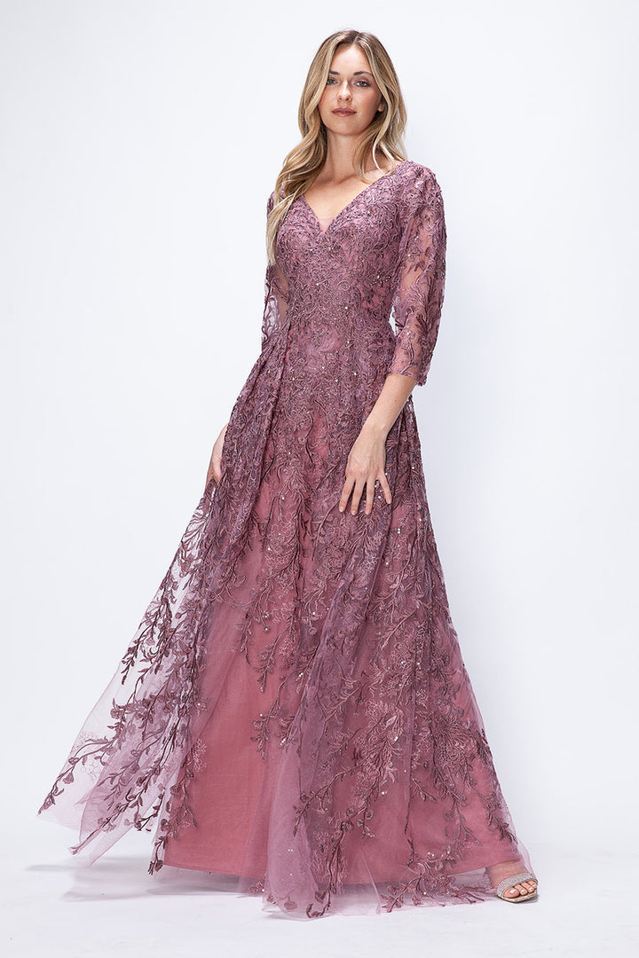 Embroidered 3/4 Sleeve A-line Gown by Lenovia 8356 - Outlet