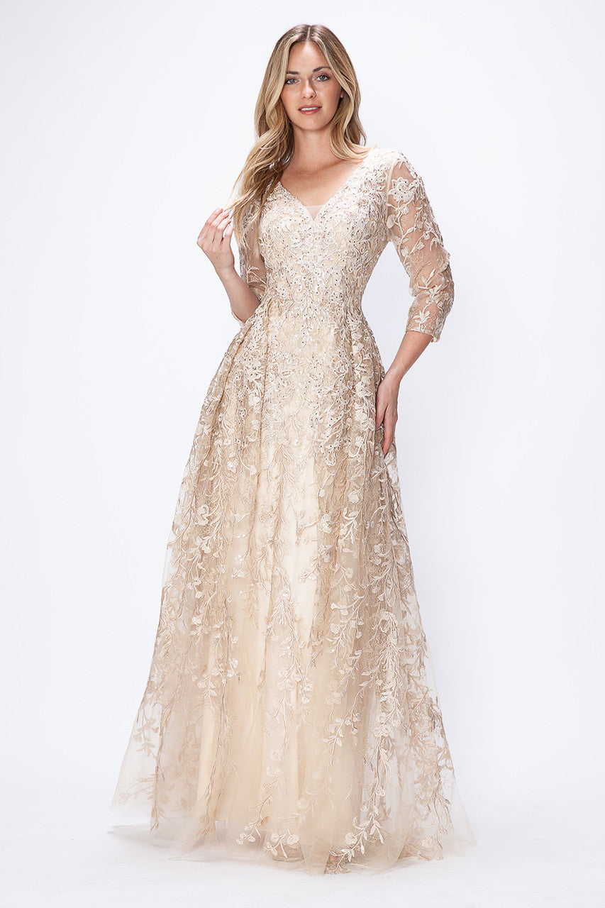 Embroidered 3/4 Sleeve A-line Gown by Lenovia 8356