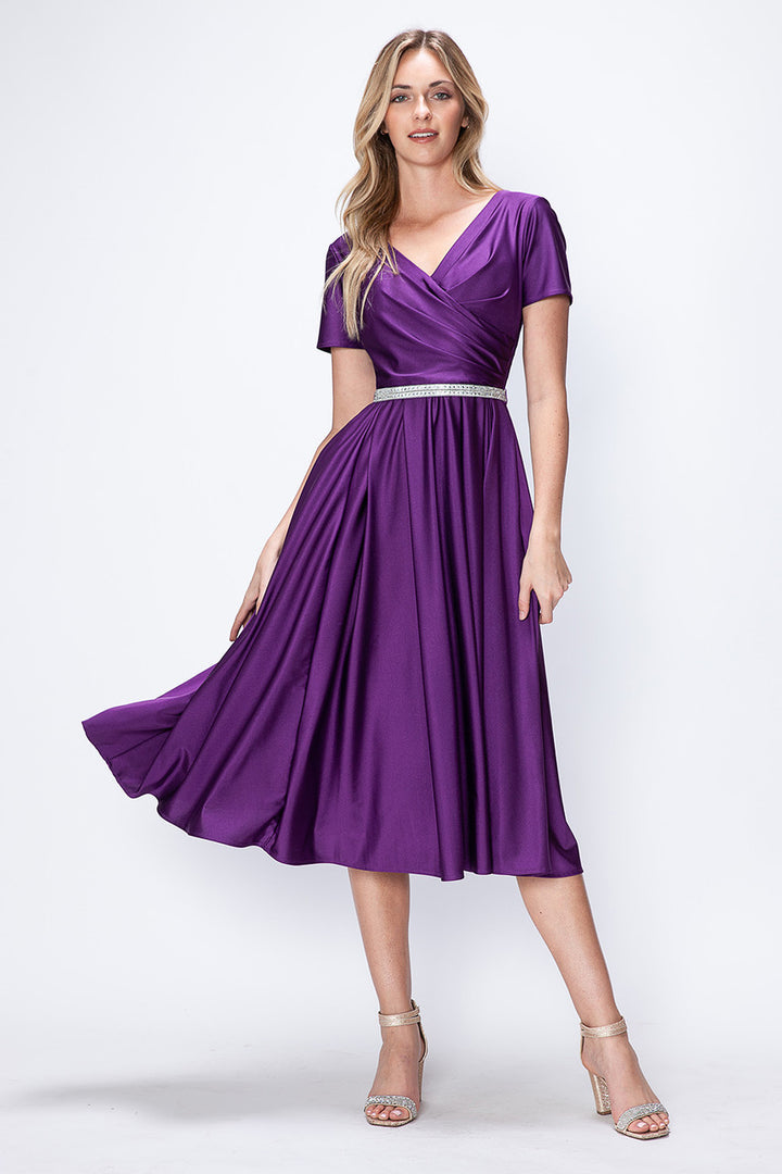 Satin Short Sleeve Tea Length Dress by Lenovia 5274