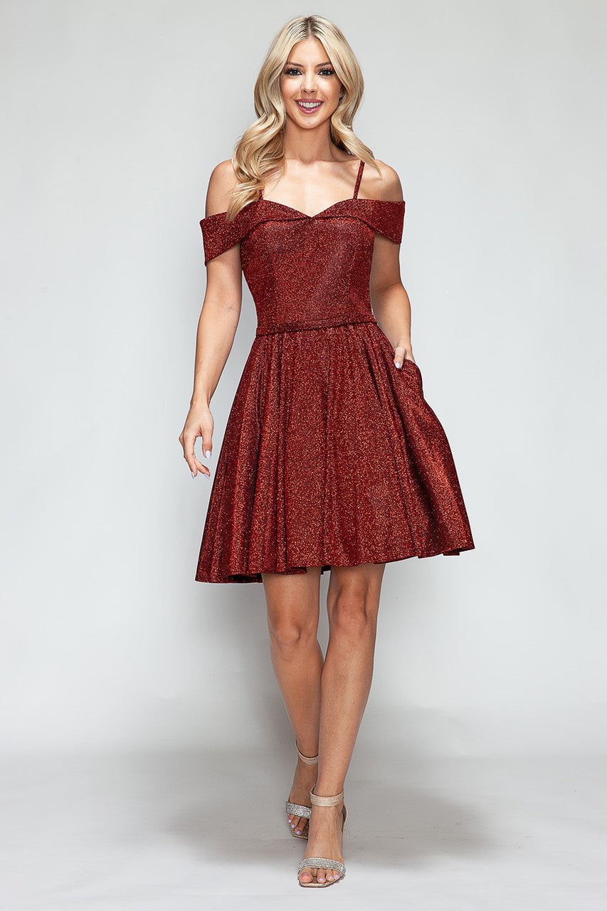 Metallic Short Cold Shoulder A-line Dress by Lenovia 3092