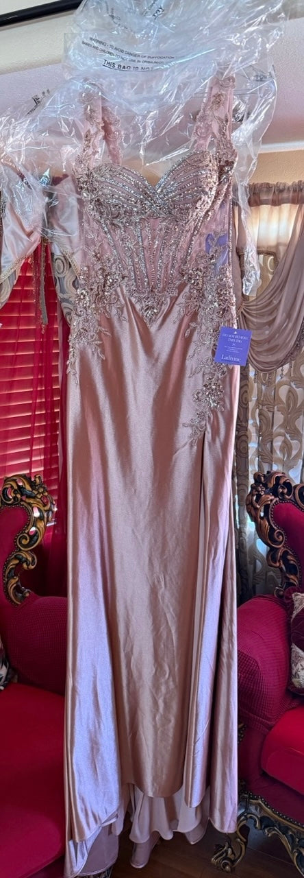 Applique Satin Sleeveless Slit Gown by Ladivine CD775