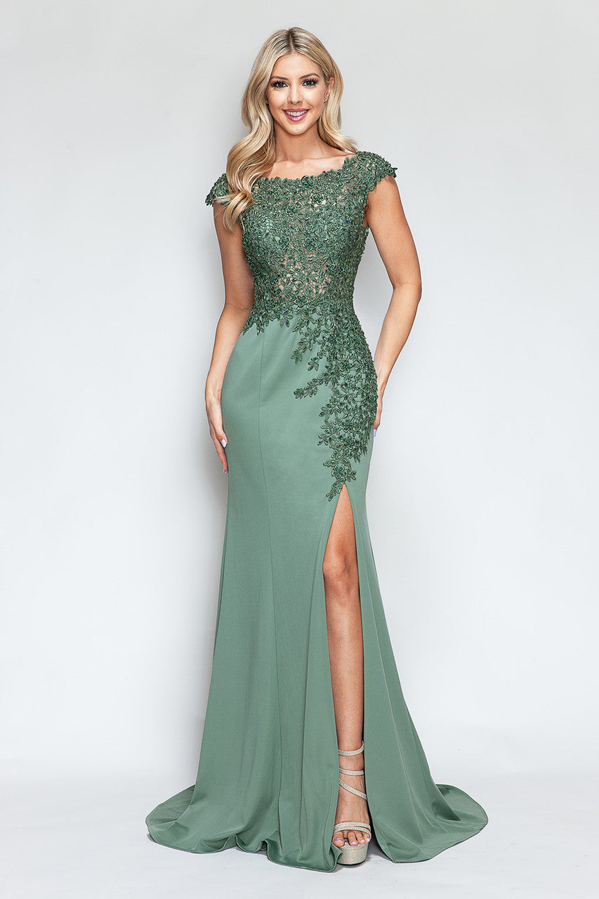 Embroidered Cap Sleeve Slit Gown by Lenovia 8343