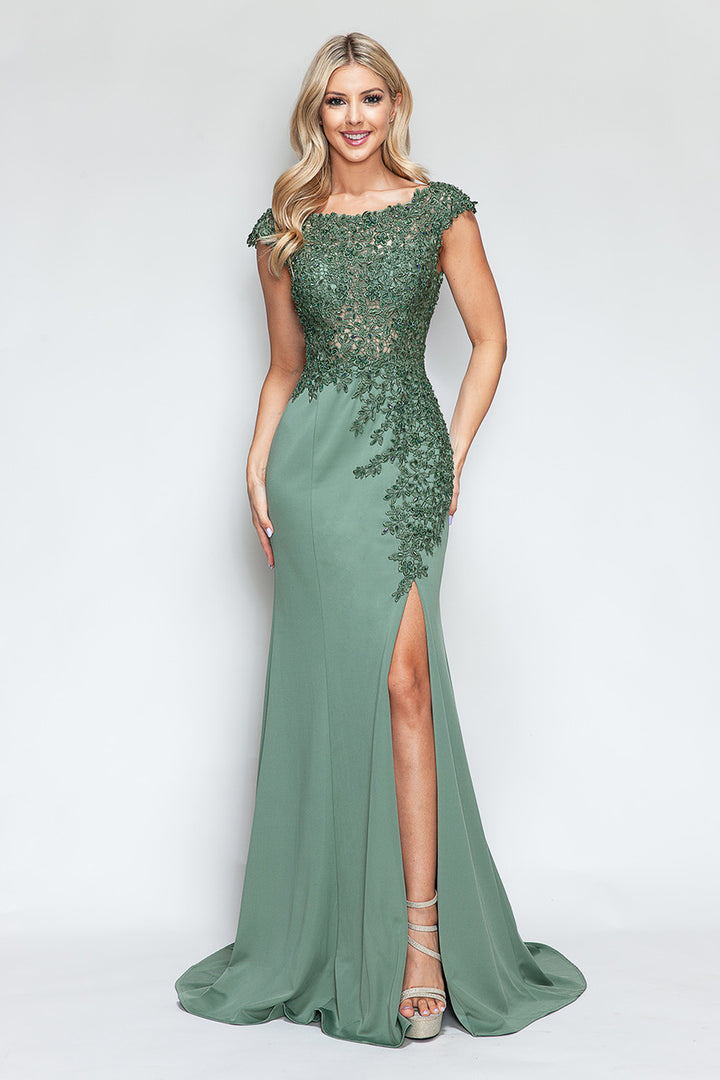 Embroidered Cap Sleeve Slit Gown by Lenovia 8343