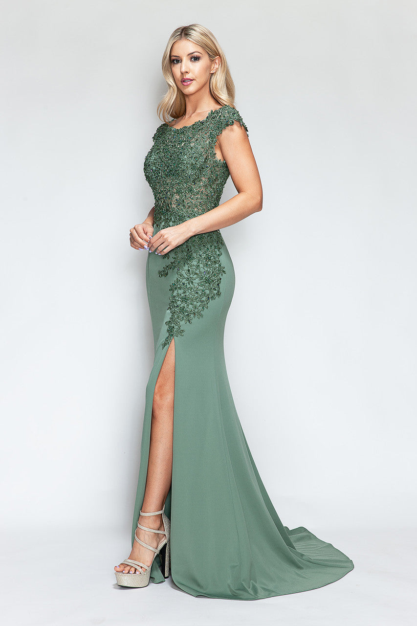 Embroidered Cap Sleeve Slit Gown by Lenovia 8343