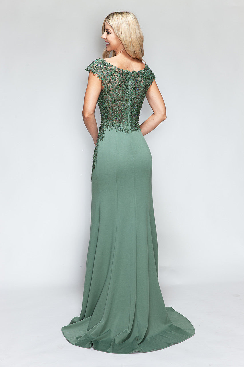 Embroidered Cap Sleeve Slit Gown by Lenovia 8343