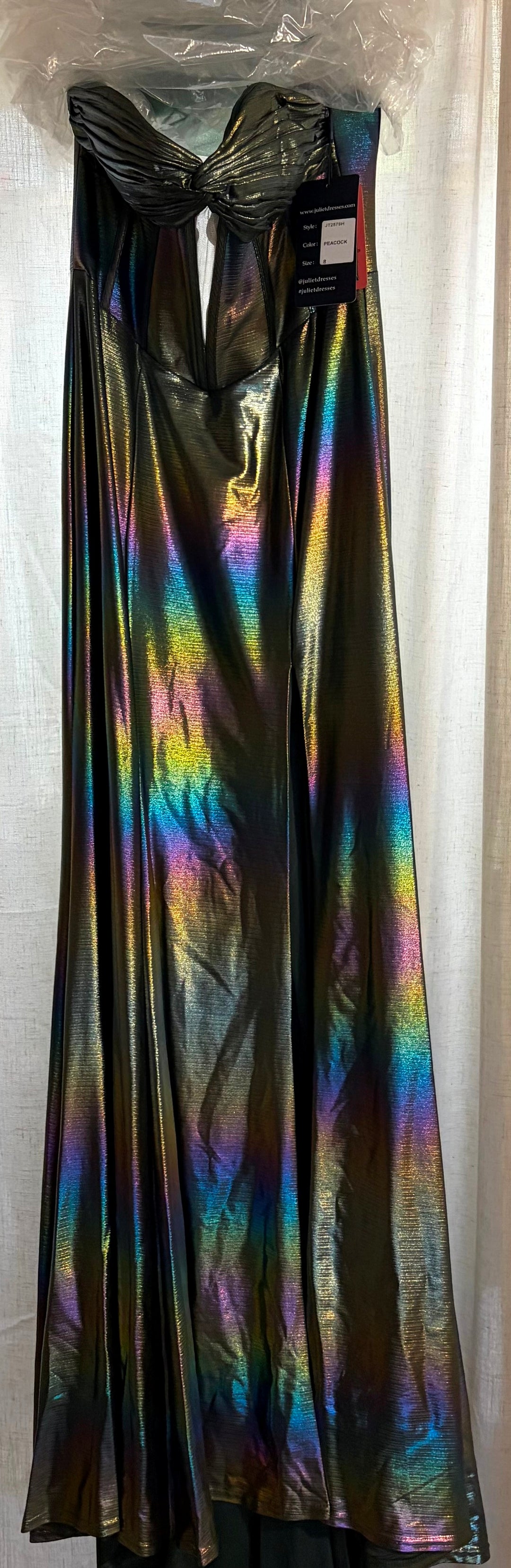 Iridescent Strapless Slit Gown by Juliet JT2579H - Outlet