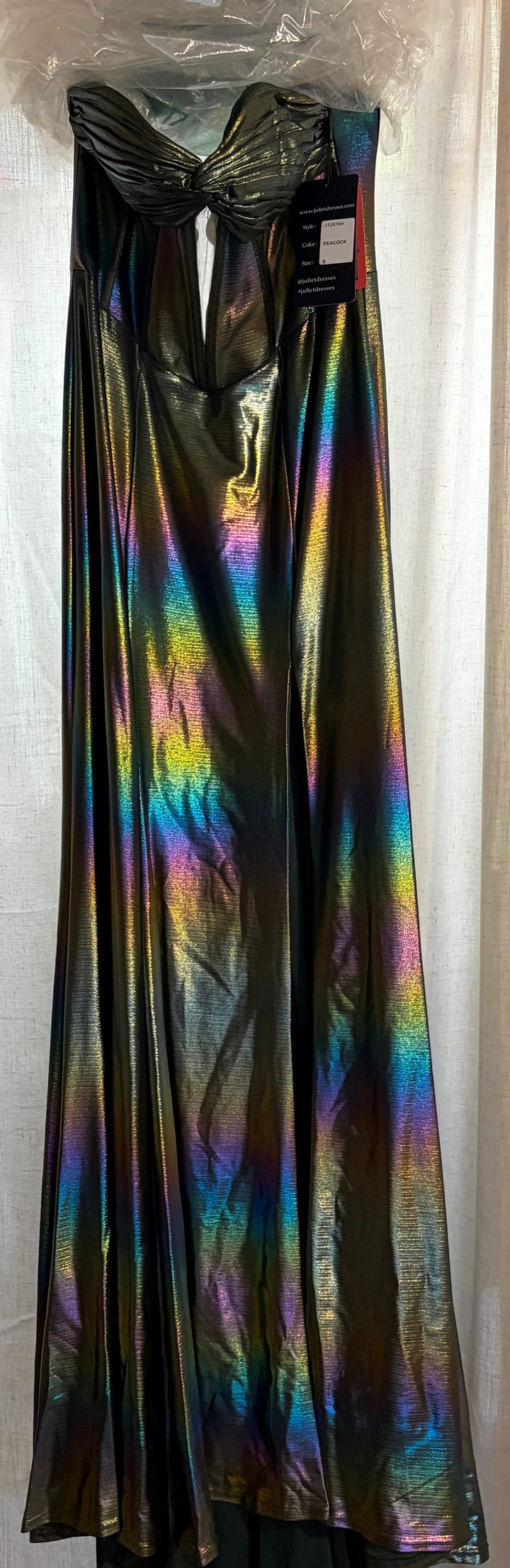 Iridescent Strapless Slit Gown by Juliet JT2579H