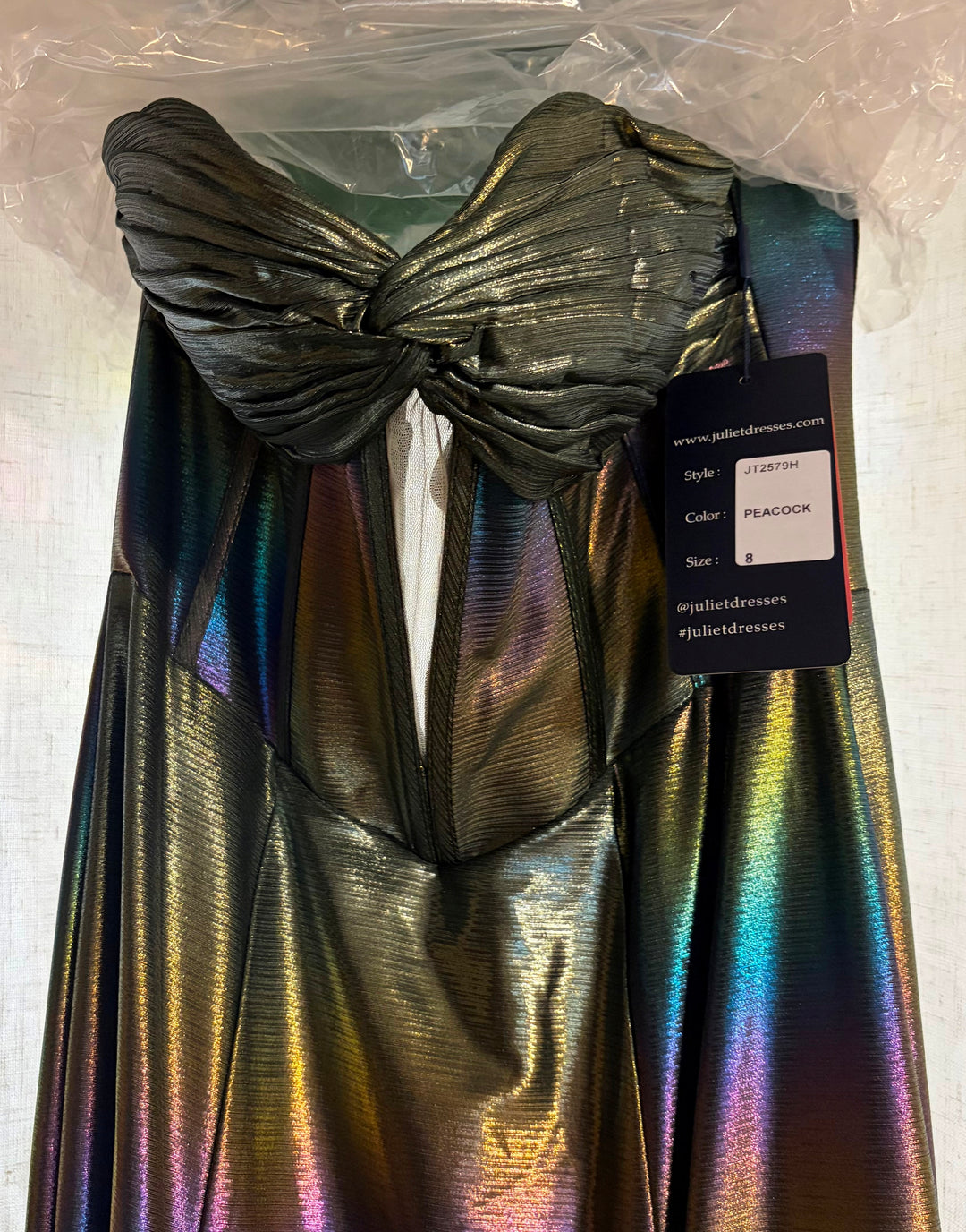 Iridescent Strapless Slit Gown by Juliet JT2579H - Outlet