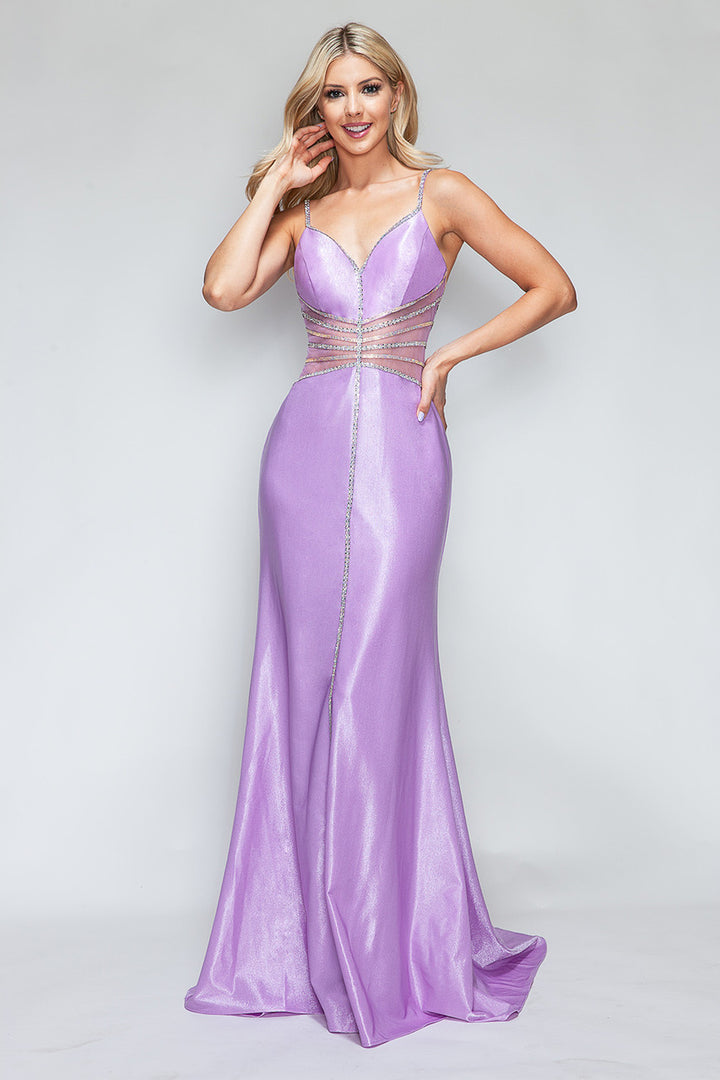 Beaded Sateen Fitted V-Neck Gown by Lenovia 8344