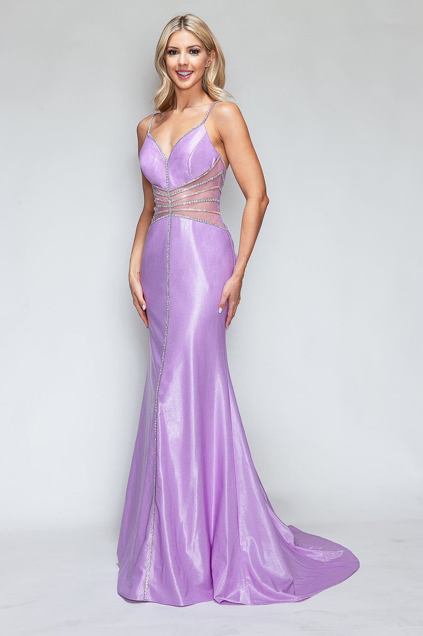 Beaded Sateen Fitted V-Neck Gown by Lenovia 8344
