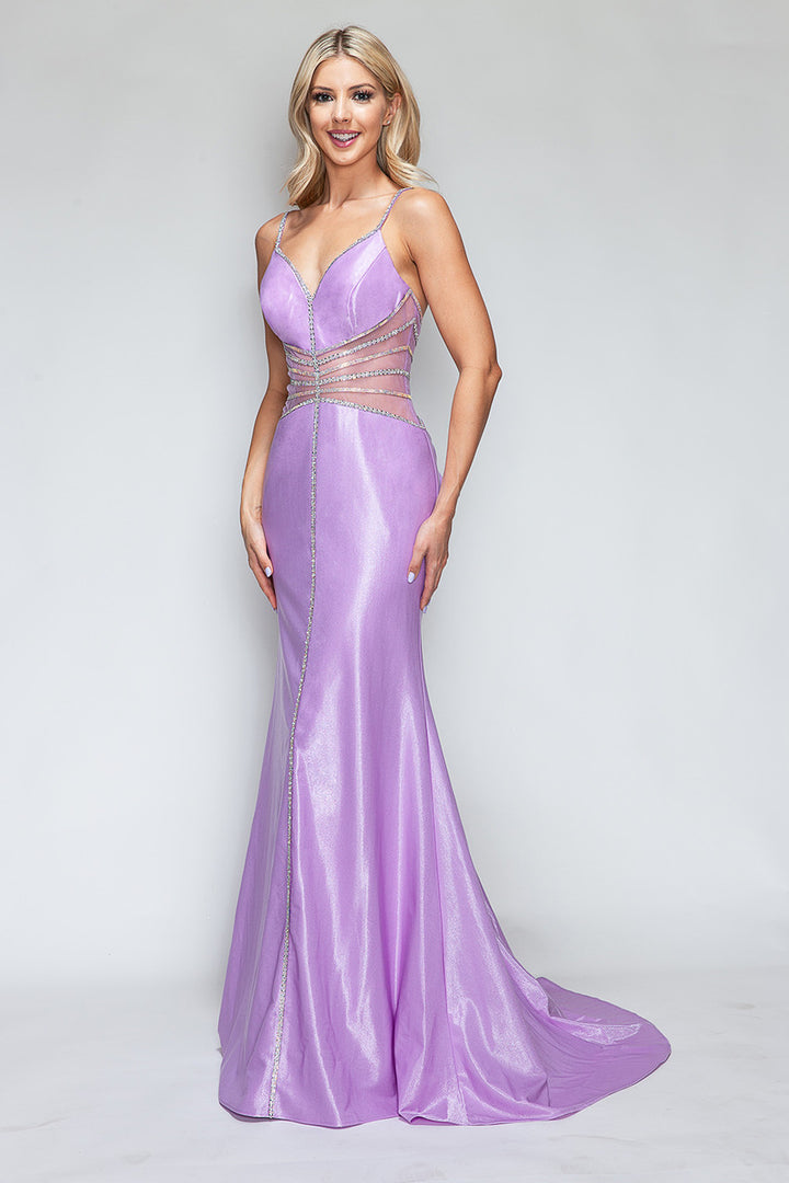Beaded Sateen Fitted V-Neck Gown by Lenovia 8344