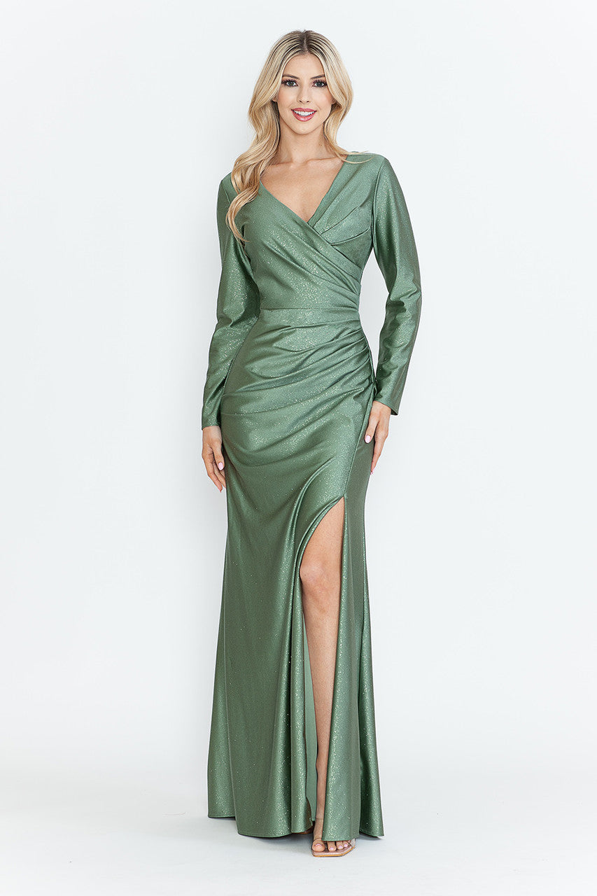 Glitter Long Sleeve Slit Gown by Lenovia 5323