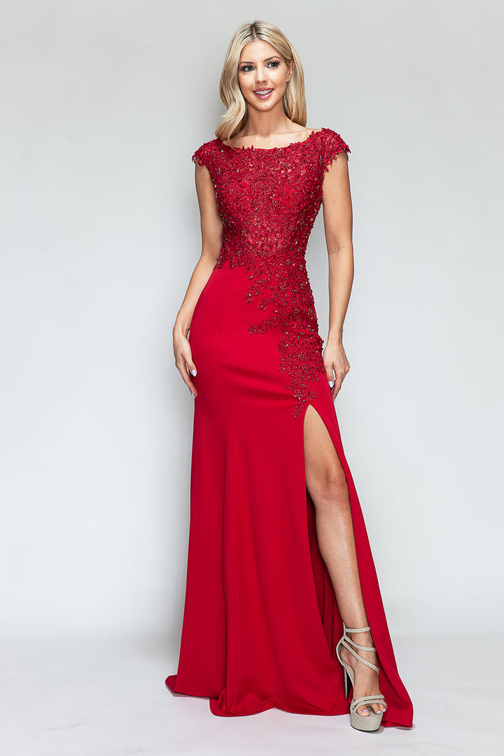 Embroidered Cap Sleeve Slit Gown by Lenovia 8343