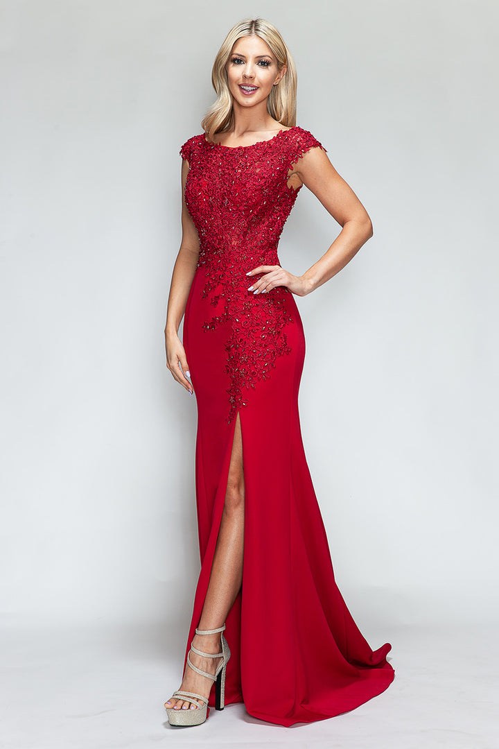 Embroidered Cap Sleeve Slit Gown by Lenovia 8343