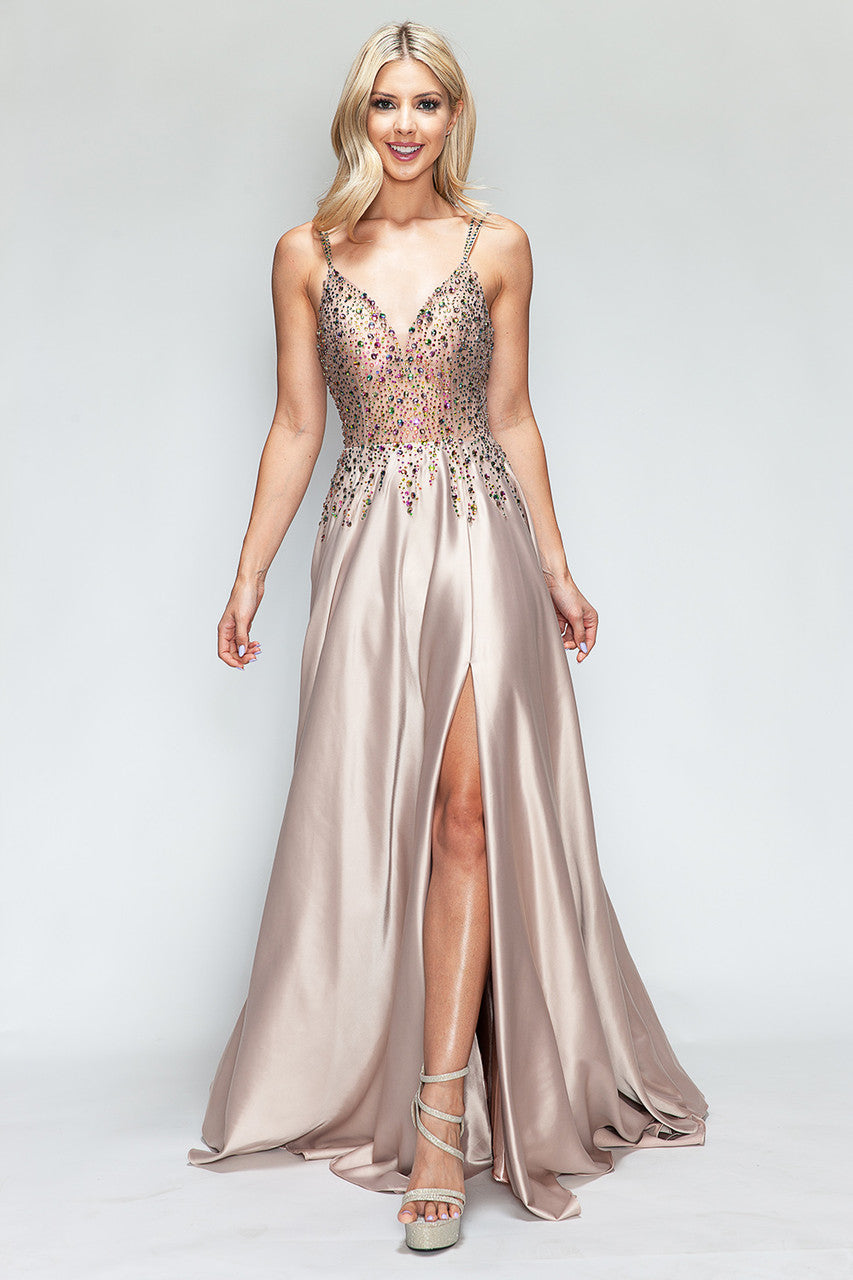 Beaded Satin V-Neck A-line Slit Gown by Lenovia 8331
