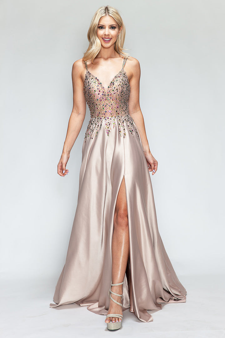 Beaded Satin V-Neck A-line Slit Gown by Lenovia 8331