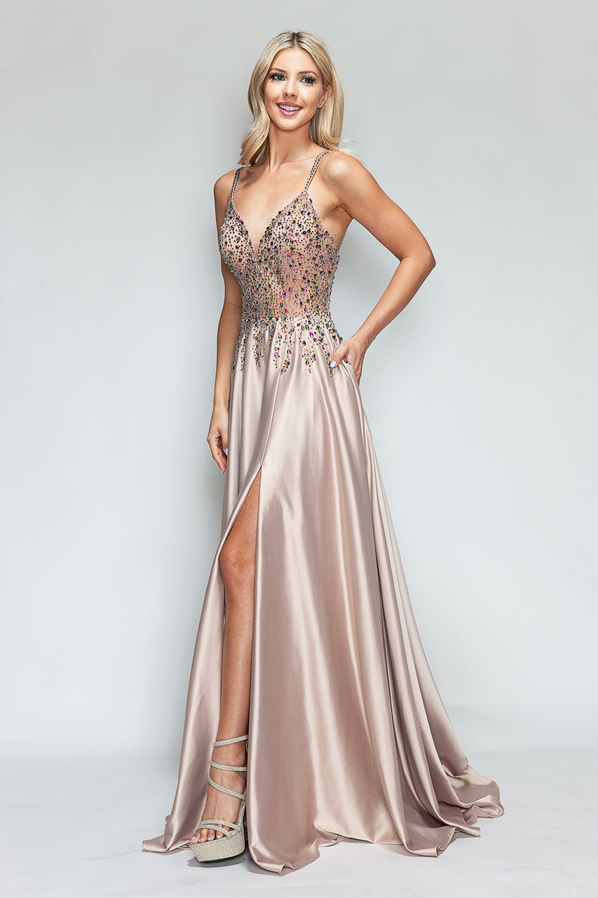 Beaded Satin V-Neck A-line Slit Gown by Lenovia 8331