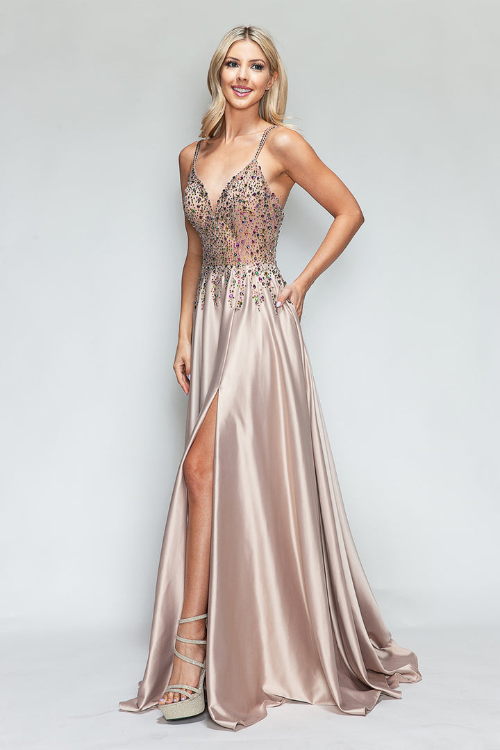 Beaded Satin V-Neck A-line Slit Gown by Lenovia 8331