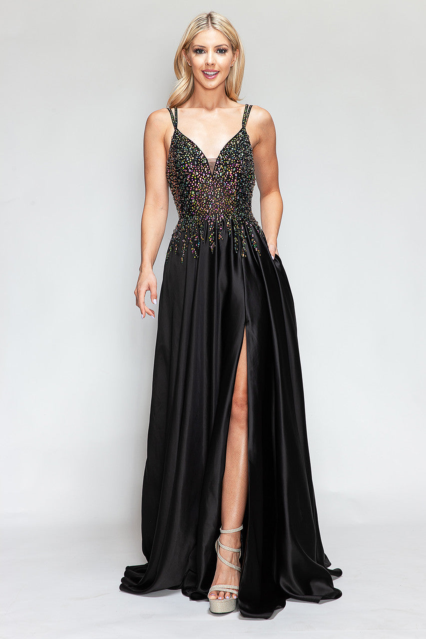 Beaded Satin V-Neck A-line Slit Gown by Lenovia 8331