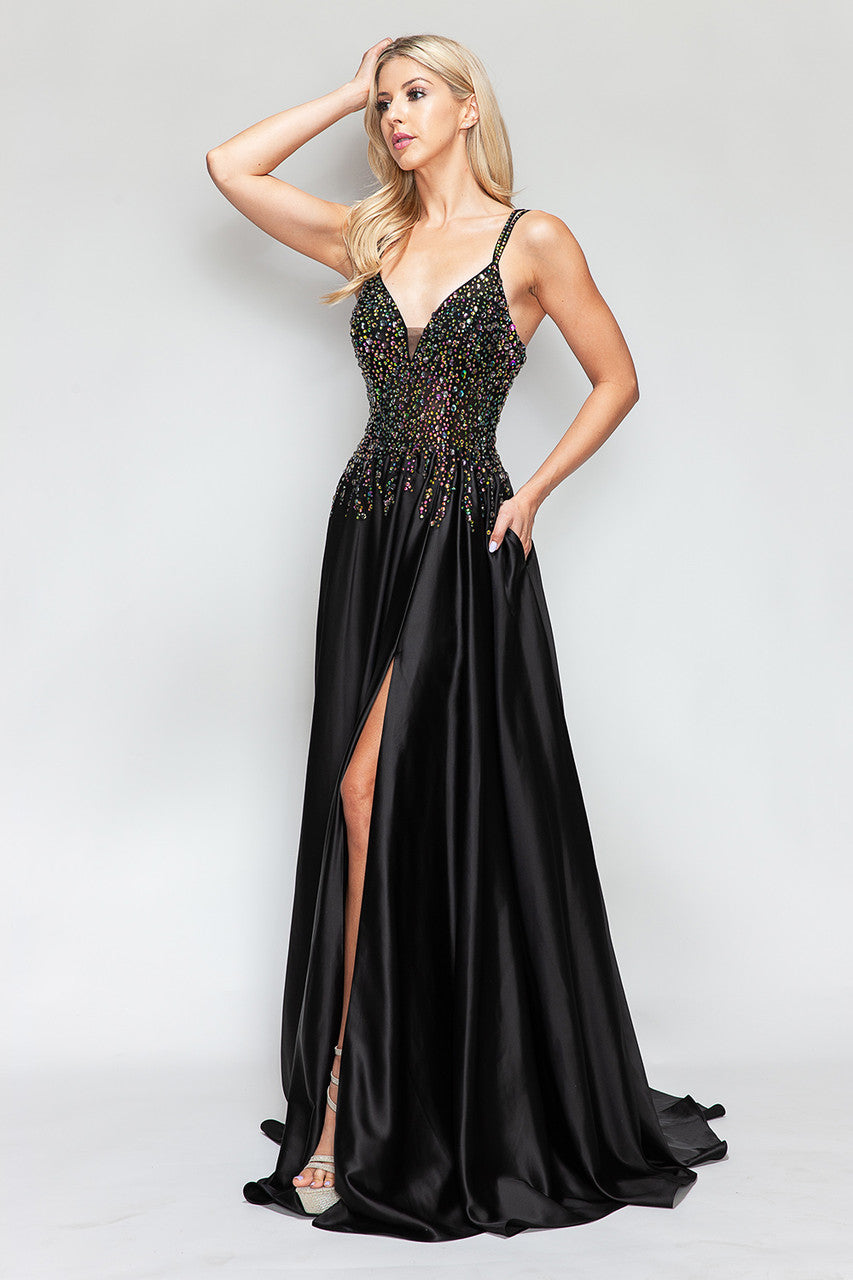 Beaded Satin V-Neck A-line Slit Gown by Lenovia 8331