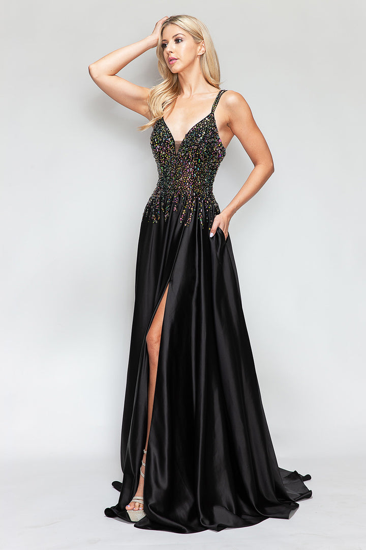 Beaded Satin V-Neck A-line Slit Gown by Lenovia 8331