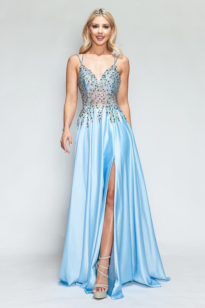 Beaded Satin V-Neck A-line Slit Gown by Lenovia 8331