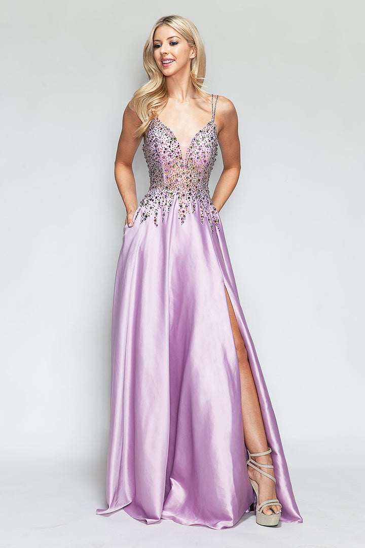 Beaded Satin V-Neck A-line Slit Gown by Lenovia 8331