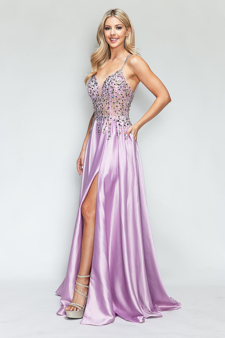 Beaded Satin V-Neck A-line Slit Gown by Lenovia 8331