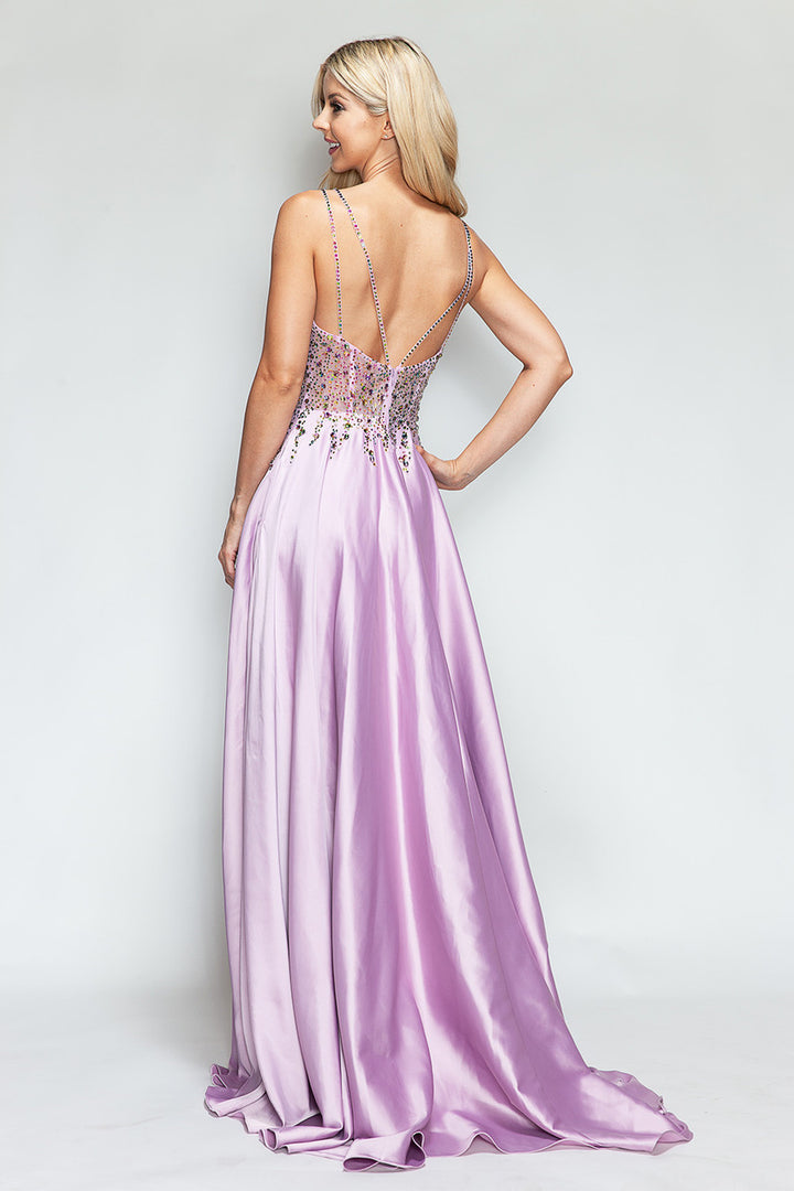 Beaded Satin V-Neck A-line Slit Gown by Lenovia 8331