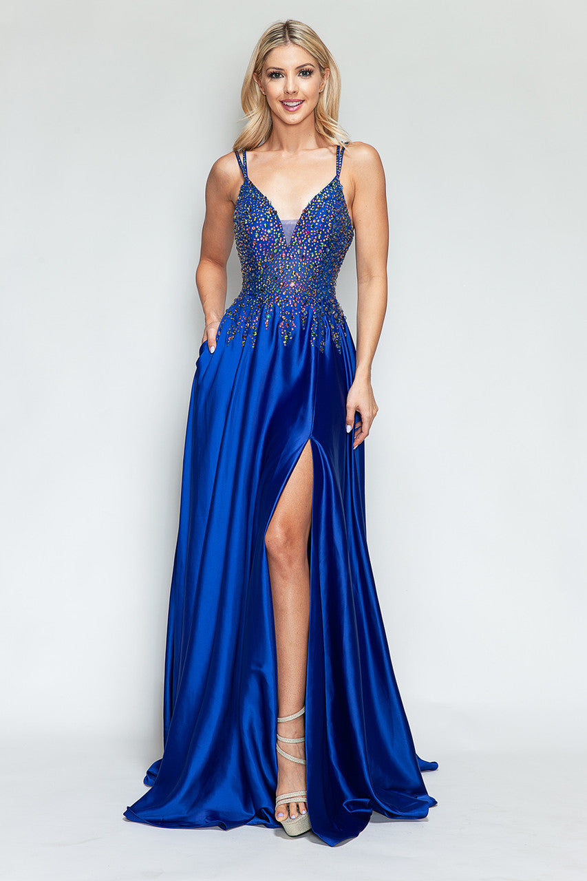 Beaded Satin V-Neck A-line Slit Gown by Lenovia 8331