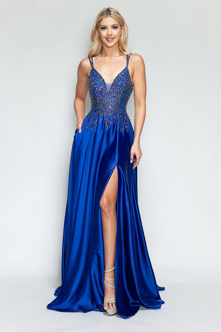 Beaded Satin V-Neck A-line Slit Gown by Lenovia 8331