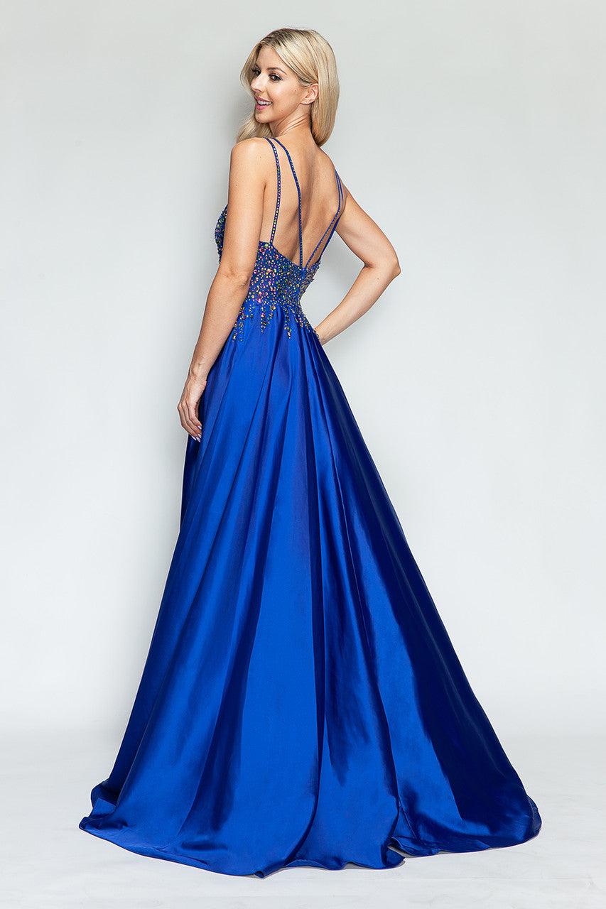 Beaded Satin V-Neck A-line Slit Gown by Lenovia 8331