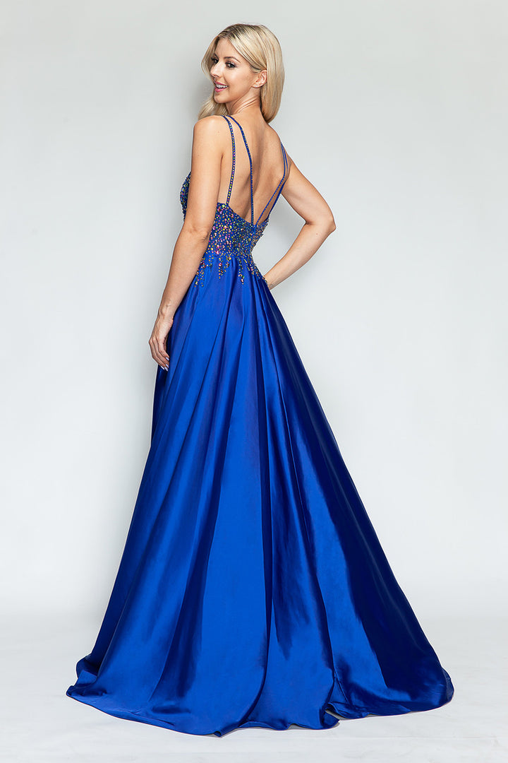 Beaded Satin V-Neck A-line Slit Gown by Lenovia 8331